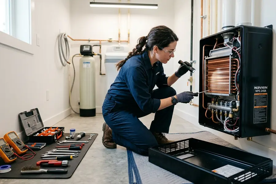 Water Heater Jockey plumber servicing a tankless water heater in Argyle